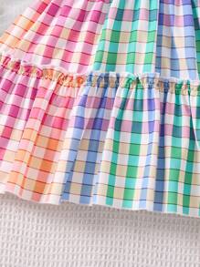 SHEIN 夏天少女花格紋彩色拼接荷葉邊襯衫連身裙 - 彩色 - 查看 6