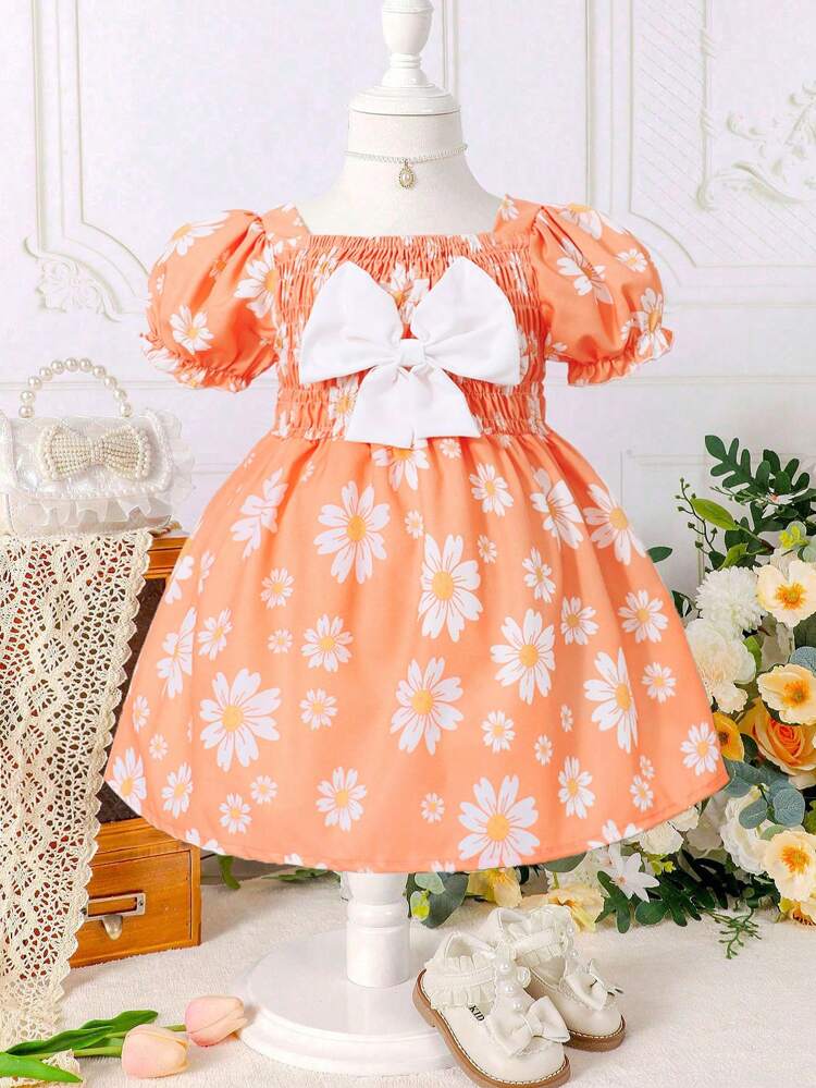 Baby Girl Bow Decorated Floral Print Puff Sleeve Summer Dress