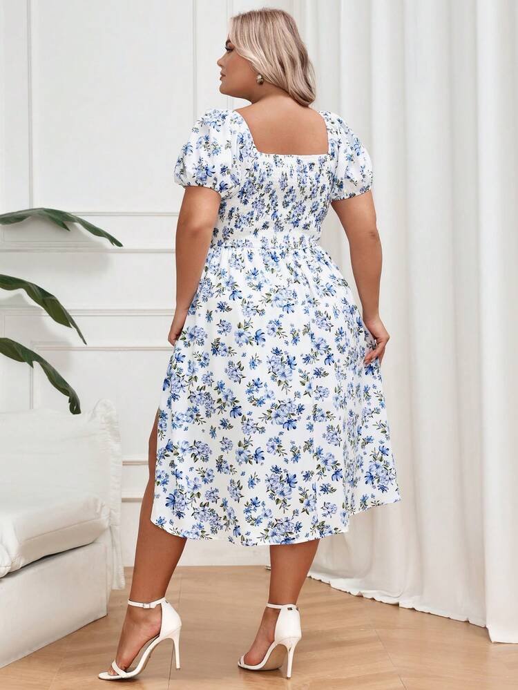 Elegant Summer Simple And Elegant Square Neck Blue And White Printed Vacation Plus Size Dress With Slit