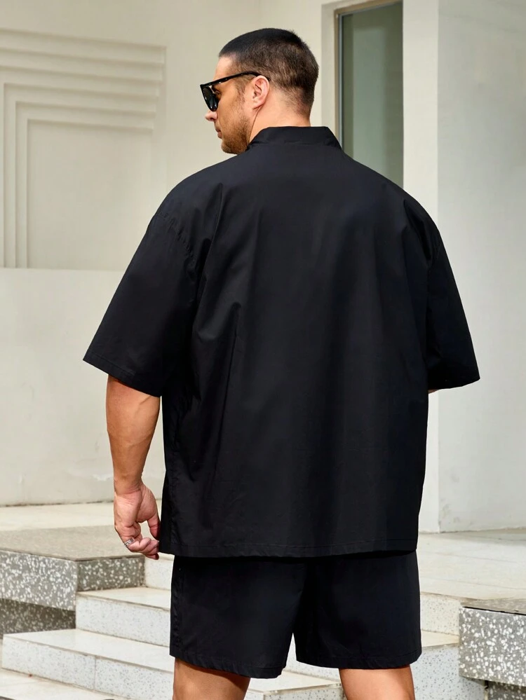 Men Plus Size Solid Color Drop Shoulder Loose Open Front Shirt & Drawstring Waist Shorts Set