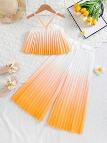 SHEIN Conjunto de pantalones anchos y camisola de estilo dulce de color degradado de verano para niña joven