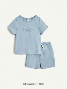 Cozy Pixies 嬰兒男童字母印花圓領短袖上衣配休閒短褲2件套裝 - 藍色 - 查看 1