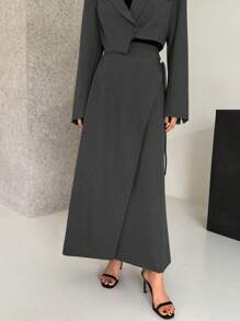 DAZY Solid Color Long Sleeve Tie-Belt Wrap Coat With Lapel Collar And Long Skirt Suit,Fall Clothes Business Attire