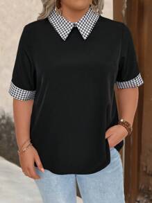 SHEIN LUNE Plus Size Men's Summer Casual Patchwork Gingham Printed Short Sleeve Shirt