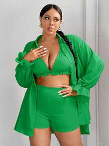 SHEIN SXY Damen Große Größen Outfit bestehend aus Bluse mit weiten Ärmeln, Tank Top und Shorts als Dreiteiler für den Sommer, süß für den Urlaub