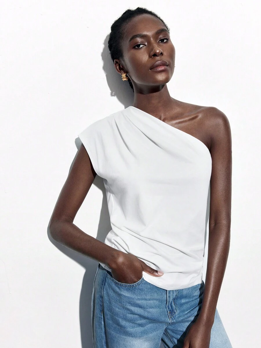 Maija Women's Solid Color Asymmetrical Neckline Top For Summer - White - View 1