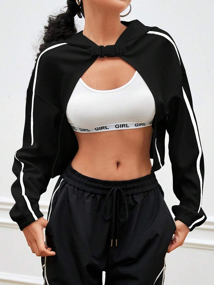 Women Spring And Autumn Buckled Long Sleeve Hooded Short Sports Sweatshirt