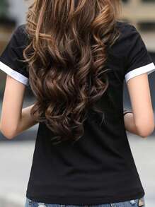 INAWLY Women's Color Block Patchwork Short Sleeve T-Shirt Suitable For Summer Graphic Tees Women Tops - Black - View 2