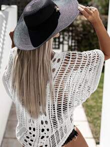 Chiquease Spring/Summer Solid Loose Fit Batwing Sleeve Hollow Out Knitted Top - Beige - View 2