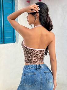 SHEIN EZwear Leopard Print Knitted Women's Cropped Slim Fit Halter Neck Top With Bow Decoration