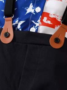 4th Of July Gentleman American Flag Print Bow Decorated Shirt + Solid Color Overall Shorts Two-Piece Suit For Baby Boys Toddler Kids, Suitable For Summer Occasions - Multicolor - View 6