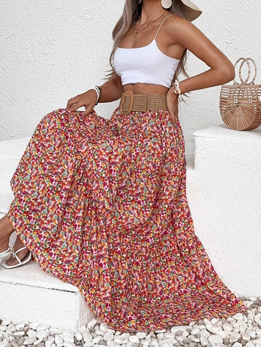 EURMUSE Floral Print A-Line Skirt - Multicolor - View 1