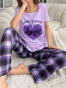 Conjunto de pijama de pantalón de cuadros con estampado de letras para mujer, simple y cómodo