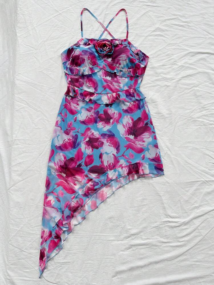 Plus Size Women's Casual Floral Printed Spaghetti Strap Asymmetrical Ruffle Hem Dress For Vacation