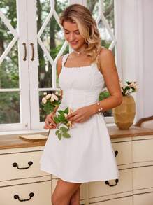 GENKIRA French Style Fresh Summer Plain Sleeveless Square Neck Ruched Waist A-Line Dress - White - View 5