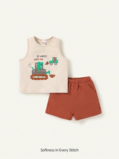 Cozy Pixies Baby Boys' Cartoon Printed Round Neck Sleeveless Vest & Solid Color Casual Shorts Set For Summer
