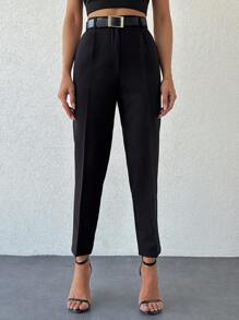 EURMUSE Women Creased Straight Leg Trousers With Slanted Pockets - Black - View 4