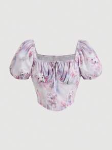 SHEIN MOD 女士夏季狗和花卉印花短袖泡泡袖後開叉襯衫 - 粉色 - 查看 1