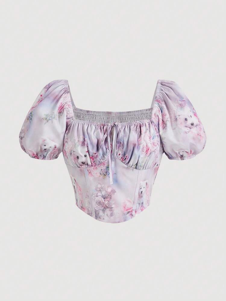 Women's Summer Dog & Floral Printed Short Puff Sleeve Back Slit Blouse