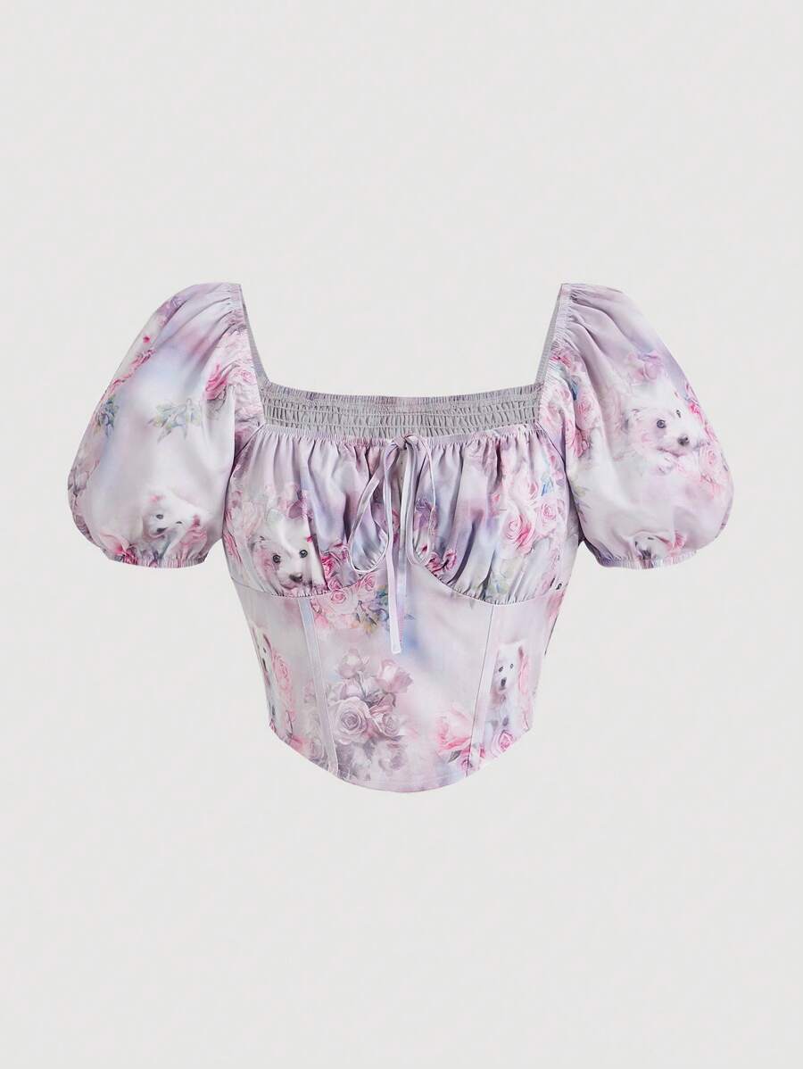 SHEIN MOD 女士夏季狗和花卉印花短袖泡泡袖後開叉襯衫 - 粉色 - 查看 1