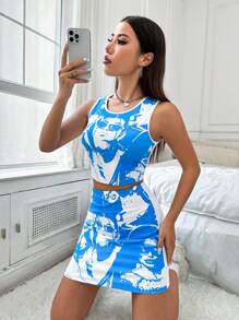 SHEIN Unity 女式肖像印花吊带背心和裙子套装 - 白色 - 查看 4