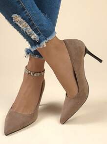 女士高跟鞋 2024 新款尖头鞋 高跟鞋 细跟低鞋面鞋 - 卡其色 - 查看 2