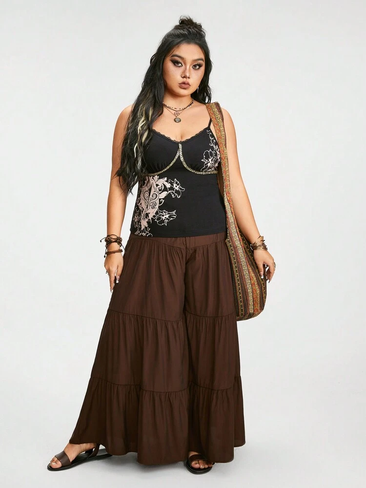 Plus Size Women's Tight Cropped Beaded Straps Lily & Thorns Printed Cami Top With Ribbon