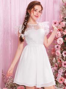 SHEIN Teen Girl Embroidered Mesh Splice Chiffon Swing Dress With V Neck Back And Short Flutter Sleeves - White - View 7