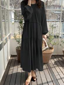 DAZY 女式春秋长袖圆领纯色宽松中长连衣裙 - 黑色 - 查看 5