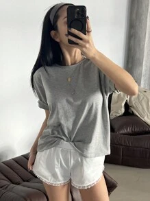 DAZY 女士寬鬆純色圓領短袖 T 恤，基礎款上衣 - 灰色 - 查看 7