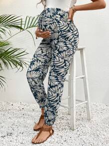 SHEIN Quần Jogger in họa tiết cây nhiệt đới cho bà bầu đi nghỉ ở bãi biển - Màu xanh lam - Xem 1