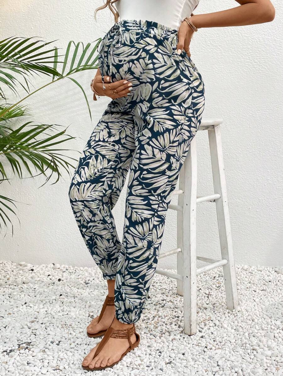 SHEIN Quần Jogger in họa tiết cây nhiệt đới cho bà bầu đi nghỉ ở bãi biển - Màu xanh lam - Xem 1