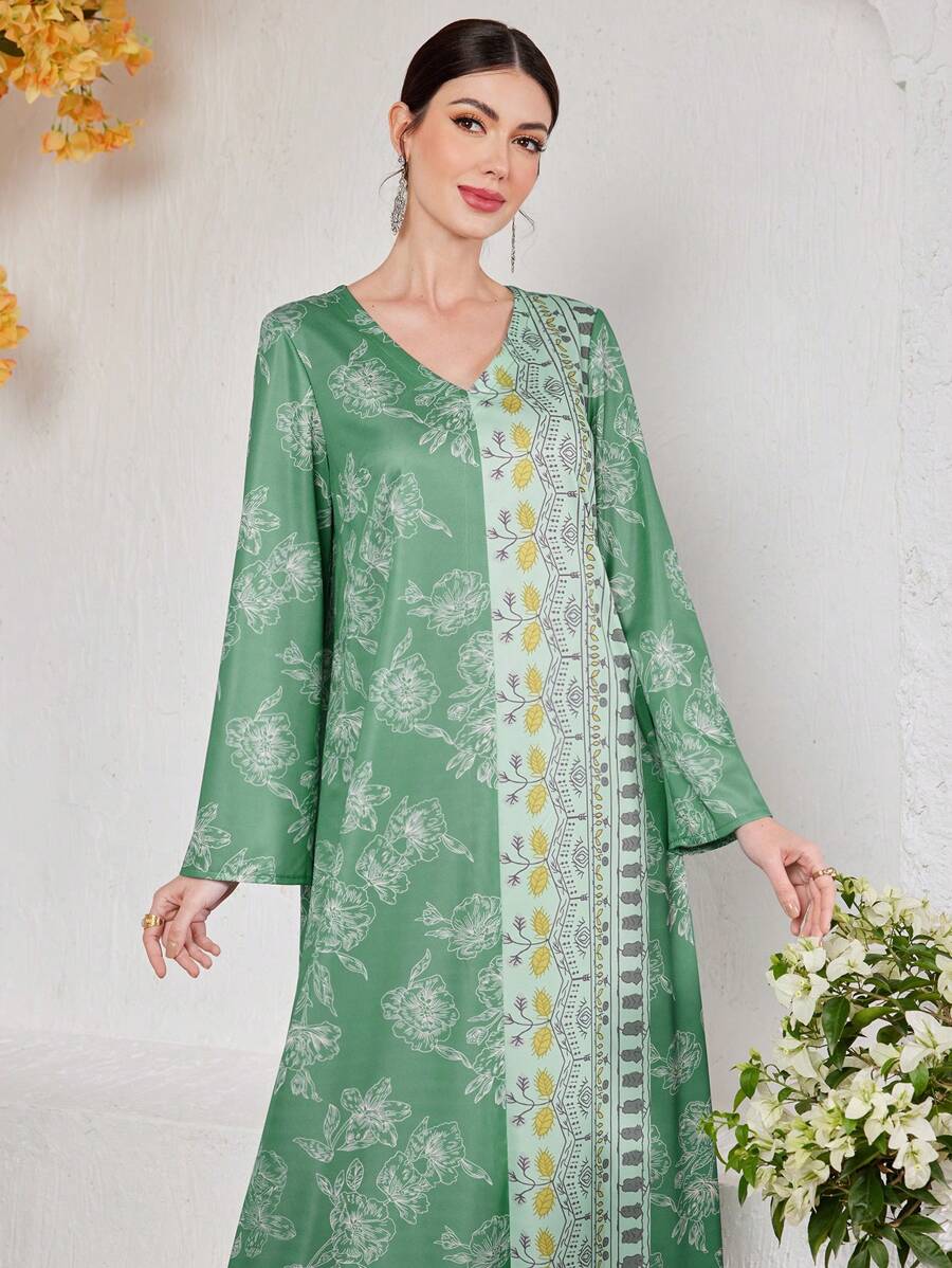 Al Najma Floral Printed V-Neck Bell Sleeve Loose Casual Dress