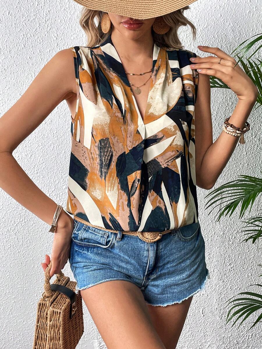 SHEIN LUNE 夏季休閒拼色v領無袖上衣 - 黃色 - 查看 1