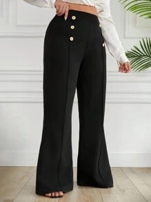 EURMUSE Plus Size  Double Breasted Decorative Flared Trousers - Black - View 3