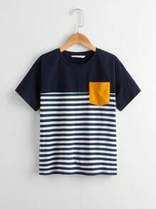 SHEIN Tween Boy Pocket Patched Striped Tee