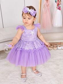 SHEIN Baby Girl Cute Mesh Dress With Ruffle Hem, Faux Pearl And Sequin Decor Accessory Set - Purple - View 1