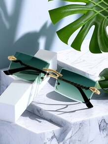 POLASUP 1pc Unisex Serpent-Shaped Metal Frameless Geometric Fashion Glasses With Diamond-Shape Cut Edges, Suitable For Outdoor Travel (Comes With Glasses Case, Cleaning Cloth, And Lanyard) Halloween For Summer Beach Vacation,Outdoor,Travel - 漸層橄欖綠鏡片 - 查看 3