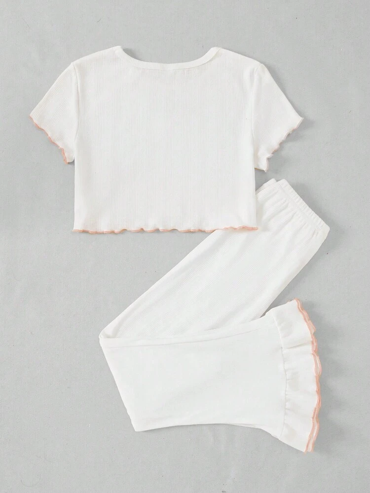 Tween Girl White Simple Style Long Pants Short Sleeve Casual Two-Piece Home Wear