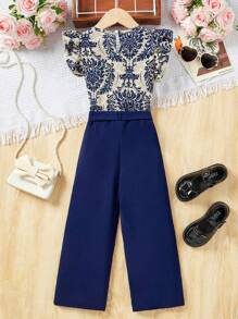 Young Girl's Floral Satin Print Ruffle Armhole Top And Wide Leg Pants With Belt Set
