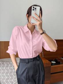 DAZY Business Casual Style Solid Color Collared Fitted Long Sleeve Blouse For Women,Long Sleeve Tops Summer