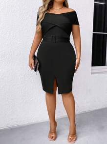 SHEIN Clasi Plus Size Solid Color Cross Wrap Buckle Belted Split Hem Off-Shoulder Dress - Black - View 1