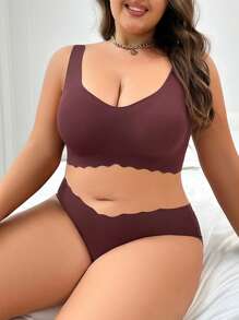 Plus Size Solid Color Bra And Panties Set With Scallop Edge - Coffee Brown - View 5
