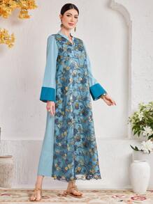 Al Najma Women's Glitter Embroidery Patchwork Notched Dress With Slit Kaftan Jalabiya Dress - Blue - View 6