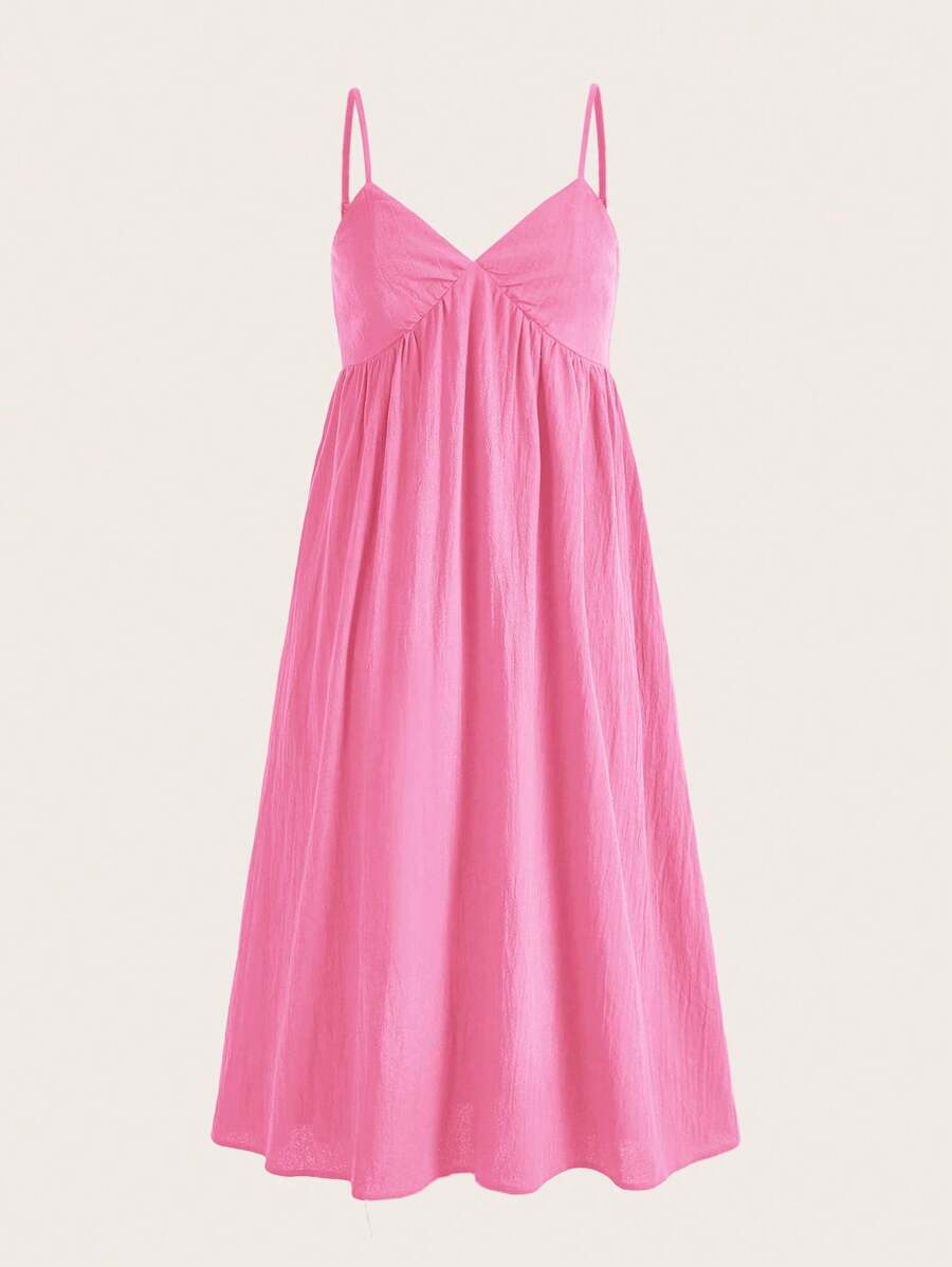 SHEIN EZwear 夏季假日休閒編織細肩帶連身裙 - 玫紅色 - 查看 1