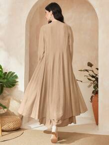 Al Najma Women's Solid Color V-Neck Fold-Pleated Coat And Dress Set - Khaki - View 2