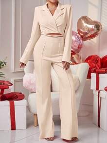 Chiquease Ladies" Solid Color Short Blazer With Tie Waist And Trousers Suit - Khaki - View 5