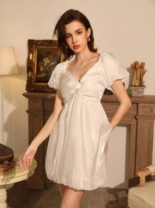 GENKIRA Ladies Fashion Solid Color Short Sleeve V-Neck Dress - White - View 5