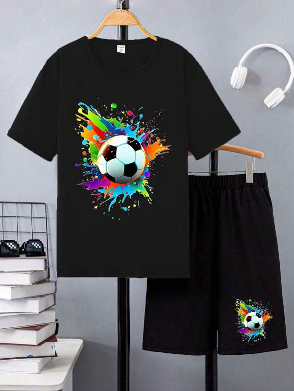 GraphicGems Tricou și pantaloni scurți de fotbal Tween Boy imprimate cu mânecă scurtă pentru vară