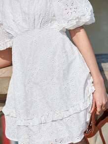 SHEIN Frenchy Summer Hollow Out Embroidery Bubble Sleeve Pleated A-Line Dress - White - View 3